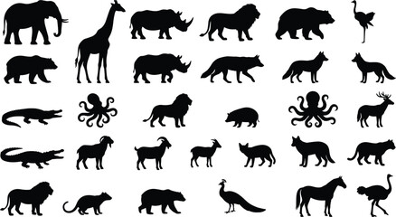 Obraz premium Wild animals silhouette collection vector set, lion elephant giraffe predator fauna