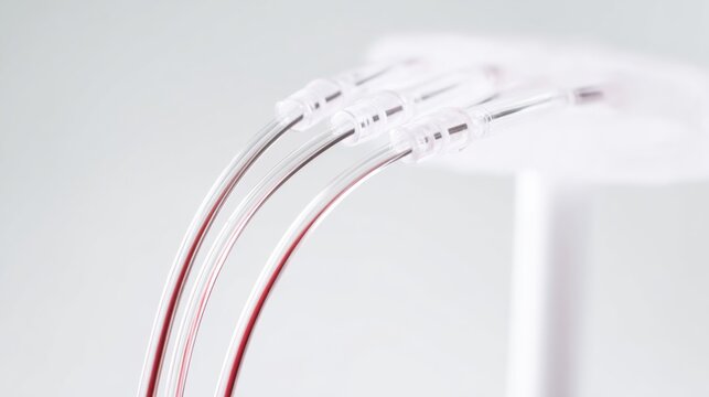 Close up of medical apheresis tubing with blood flowing into machine and returning to donor during procedure 