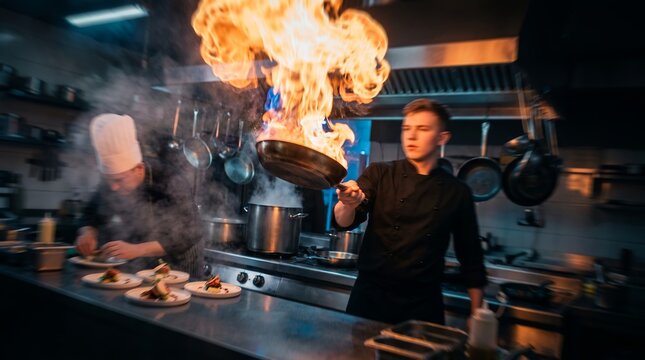 Professional chef cooking in restaurant kitchen showcasing flambe action, intense fire flames and gourmet food preparation, representing culinary expertise and commercial kitchen performance