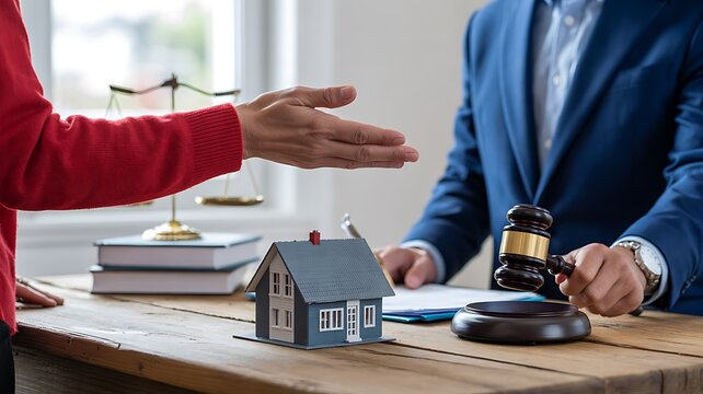 Business negotiation with house model contract and judge's gavel