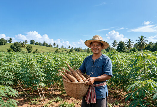 Smiling Asian farmer holding a basket of fresh harvested cassava roots in a tropical plantation field with hills.