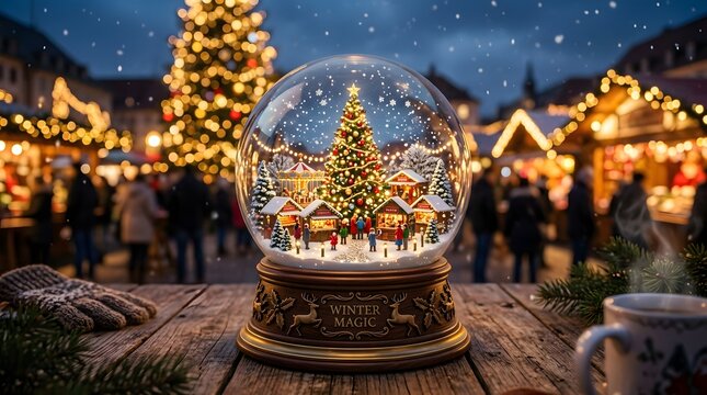 Christmas snow globe with a festive market scene featuring a decorated tree and small houses, set on a wooden table with a warm holiday atmosphere