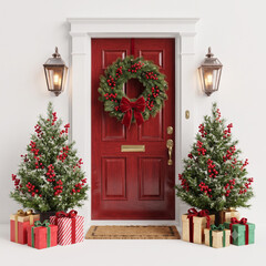 Fototapeta premium Cozy Christmas front door with red door, festive wreath, two decorated Christmas trees, and wrapped gifts on white wall