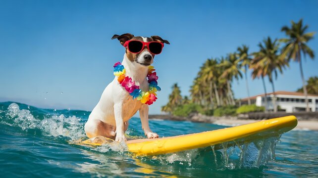 Surfing dog wearing colorful lei on tropical beach