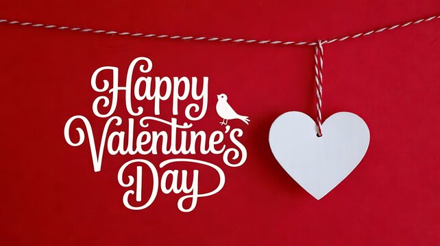 Happy valentine's day greeting with white heart hanging on red background