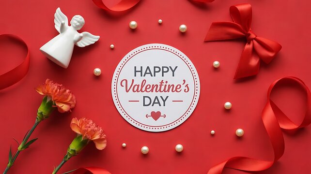 Valentine's day greeting with red hearts flowers gifts and festive decoration
