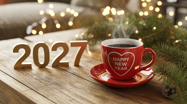 2027 new year celebration with coffee cup and festive christmas lights
