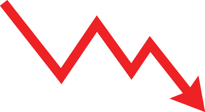 Graphic illustration of a red arrow showing a significant decrease or negative performance in business metrics.