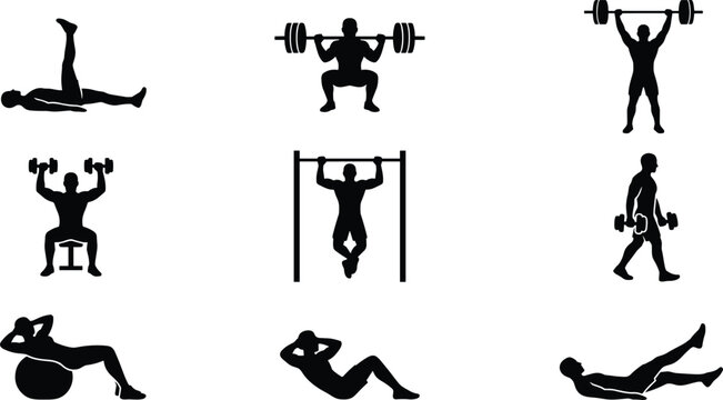 Fitness workout and bodybuilder training exercises silhouette icon set, isolated
