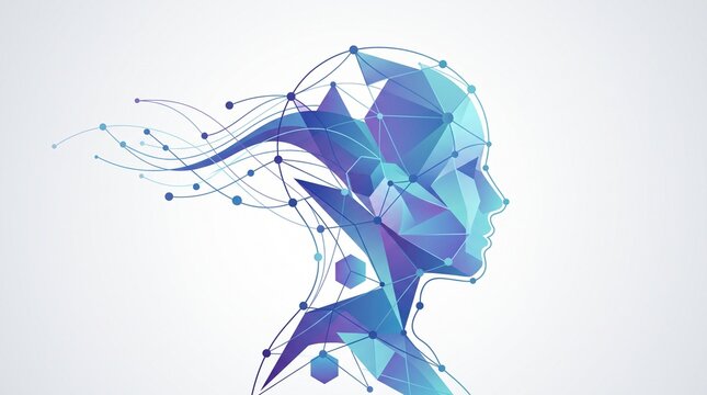 Artificial intelligence concept featuring a human head silhouette made from polygonal meshes and glowing nodes symbolizing cognitive computing, neural networks, and advanced machine learning