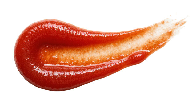 Red tomato ketchup smear with visible seeds, isolated on transparent background