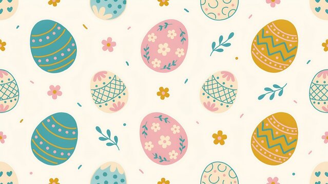 Seamless pattern of colorful easter eggs with floral and geometric on a light cream background, for holiday