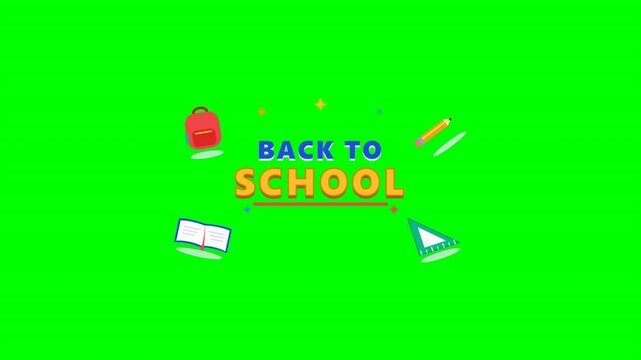 Flat vector animation featuring back to school typography with backpack pencil and book icons over a chroma key green background. Ideal for educational video editing and school promo videos.