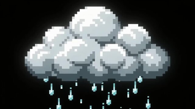 Pixel art rain cloud releasing translucent water droplets against a dark black background, showcasing retro digital illustration style with soft white shading and detailed texture.