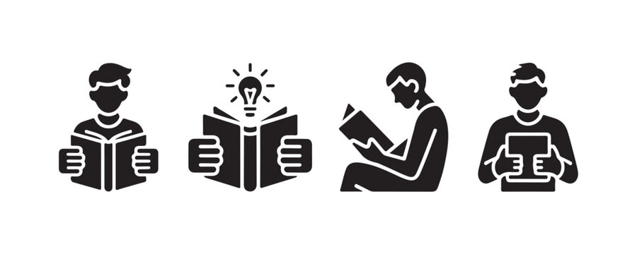 Four reader icons showing people holding books studying and learning with new light bulb concepts.