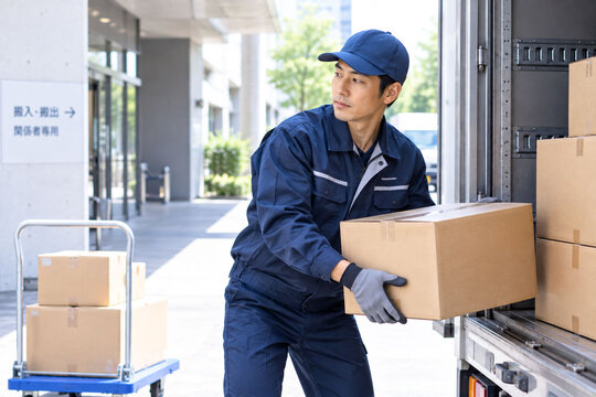 トラックから荷物を搬入する配送スタッフの男性
