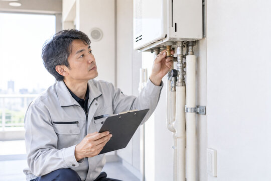 住宅設備の配管を点検する男性作業員