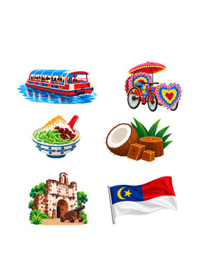 Melaka Malaysia Cultural and Tourism Elements Vector Illustration Collection