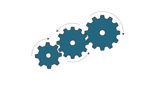 Minimalist blue cogs and gears graphic, interconnected mechanical gear mechanism, business teamwork concept symbol isolated PNG with Transparent Background