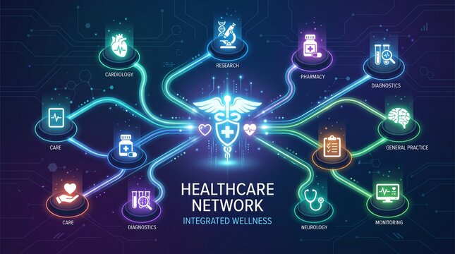 Futuristic glowing digital healthcare network infogram displays interconnected medical symbols and glowing pathways representing integrated wellness systems for advanced clinical patient