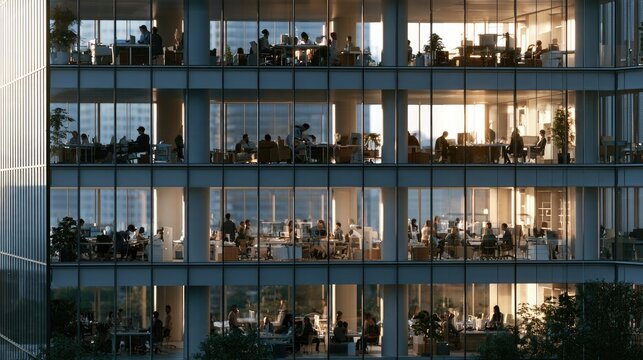 Modern Office Building at Dusk: A multi-story contemporary office building illuminated by warm evening light, showcasing numerous employees working diligently at their desks.