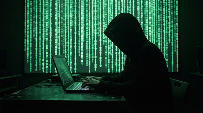 Anonymous hacker in hoodie typing on laptop with green binary code background in dark room.