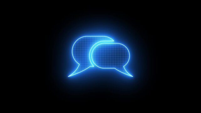 Vibrant blue glowing neon speech bubble icon symbolising chat conversation discussion social communication isolated on dark background for web app concept