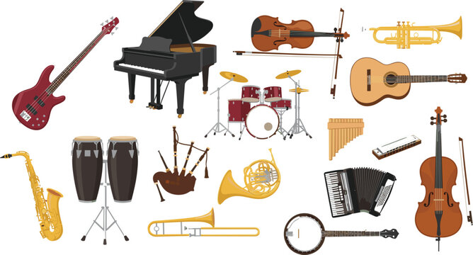 Musical instruments vector illustration set featuring piano guitar drums violin saxophone and acoustic orchestra elements for concert audio design