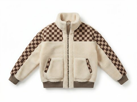 Cream Sherpa Fleece Jacket with Brown Checkerboard Pattern Isolated on White Background
