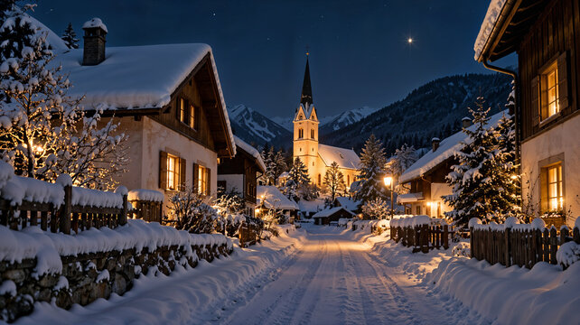 A winter village at night. An illuminated church amidst snow-covered houses. A cozy Christmas street. A mountain landscape for a greeting card or festive banner.