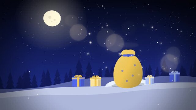 Golden gift sack popping presents on starry night with copy space