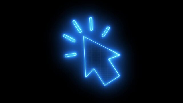 Vibrant blue glowing neon mouse cursor pointer arrow icon symbolising digital click selection and user interaction isolated on dark background for web app concept