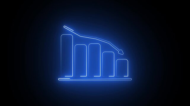 Vibrant blue glowing neon bar chart icon with downward arrow symbolising financial loss stock market crisis and recession isolated on dark background