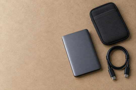 External storage drive beside a coiled cable