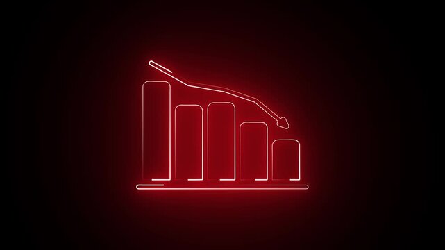 Glowing red neon bar chart icon with downward arrow symbolising financial loss stock market crisis and recession isolated on dark background for business concept