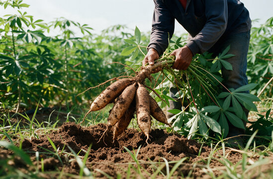 Farmer harvesting fresh cassava roots from the soil in an agricultural plantation field.