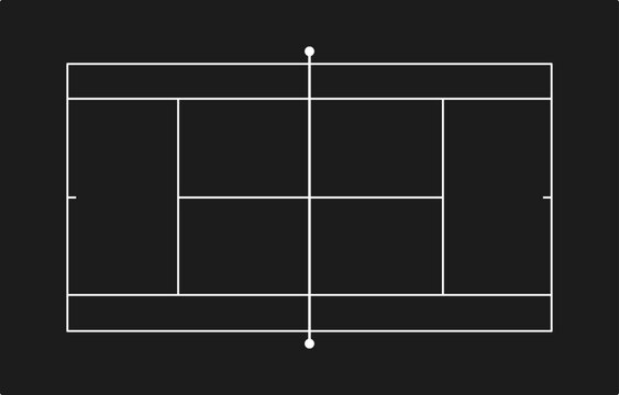 Top view of black hard tennis court layout template with white lines