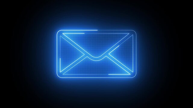Vibrant blue glowing neon envelope icon symbolising email message communication and digital mail contact isolated on dark background for web design concept