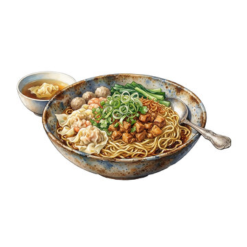 Watercolor illustration of Indonesian chicken noodles mie ayam pangsit