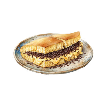 Watercolor illustration of thick martabak manis sweet pancake with cheese and chocolate