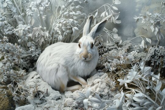 White rabbit, mountain hare. Animal in a cage.