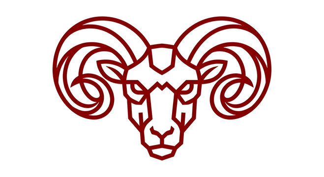 Geometric line art logo of a ram head with large spiral horns in dark red on a white background