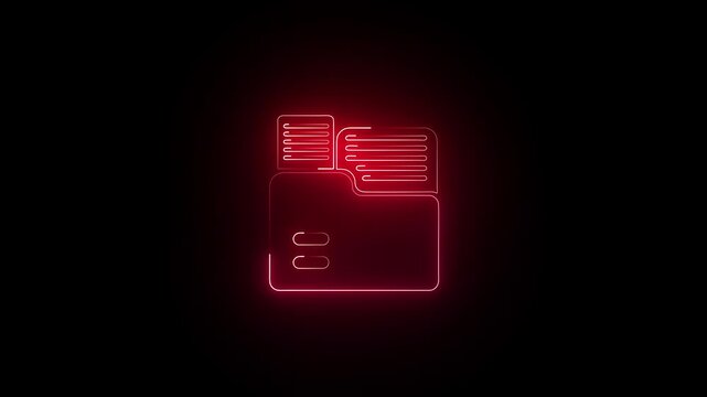 Glowing red neon file folder icon symbolising digital document management data storage archive isolated on dark background for website concept