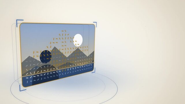 Deepfake scan on tilted landscape photo in gold frame seamless loop
