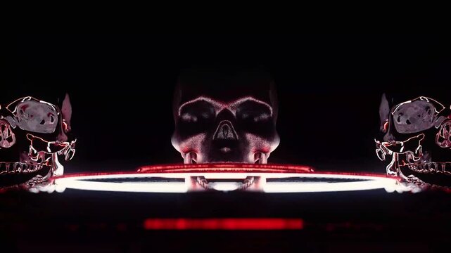 Abstract sinister 3d metallic skull with glowing red neon halo rings and reflection motion background