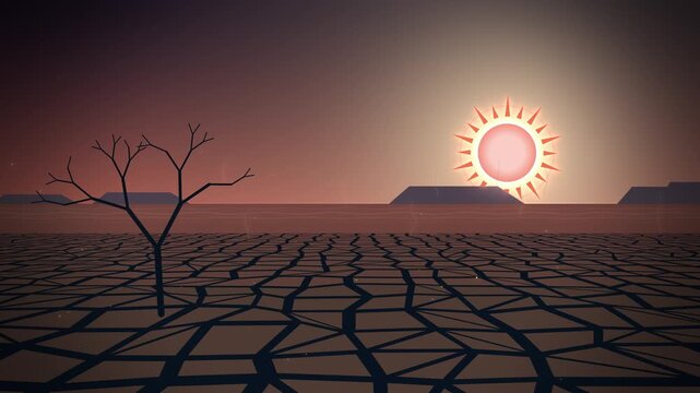 Cracked desert plain with dead tree and glowing sun at dusk