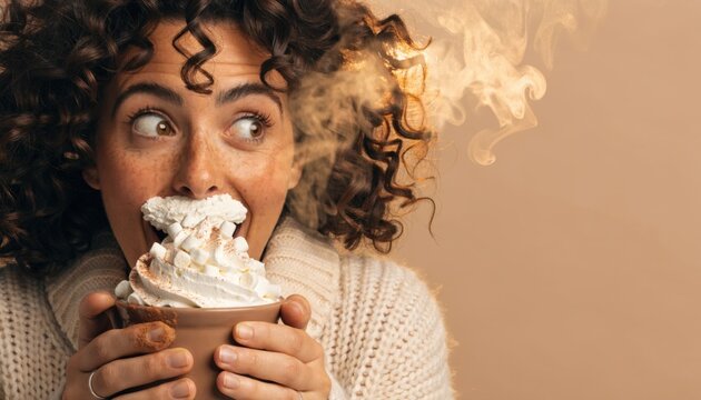 Surprised woman drinking hot chocolate with overflowing whipped cream and marshmallows