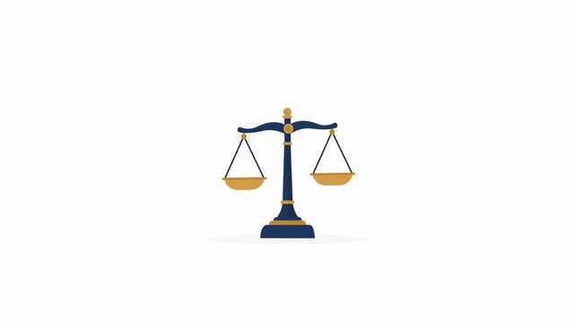 Balanced justice scales with gold weighing pans and dark blue stand in flat 2D vector motion animation with alpha channel and transparent background.