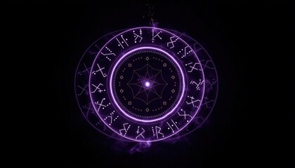 Fototapeta premium Glowing purple magic circle with mystical runes on dark background