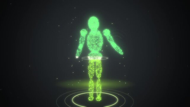 Lime green digital avatar forming from light particles on dark gray
